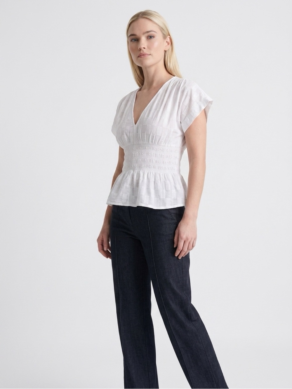 Madewell XXS White 100% Cotton Smocked Peplum Top V Neck Flutter Sleeve India